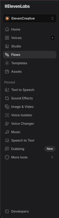 ElevenCreative left sidebar. Voices, Studio, Flows, Templates, Assets, plus pinned tools: Text to Speech, Sound Effects, Image & Video, Voice Isolator, Voice Changer, Music, Speech to Text, Dubbing.