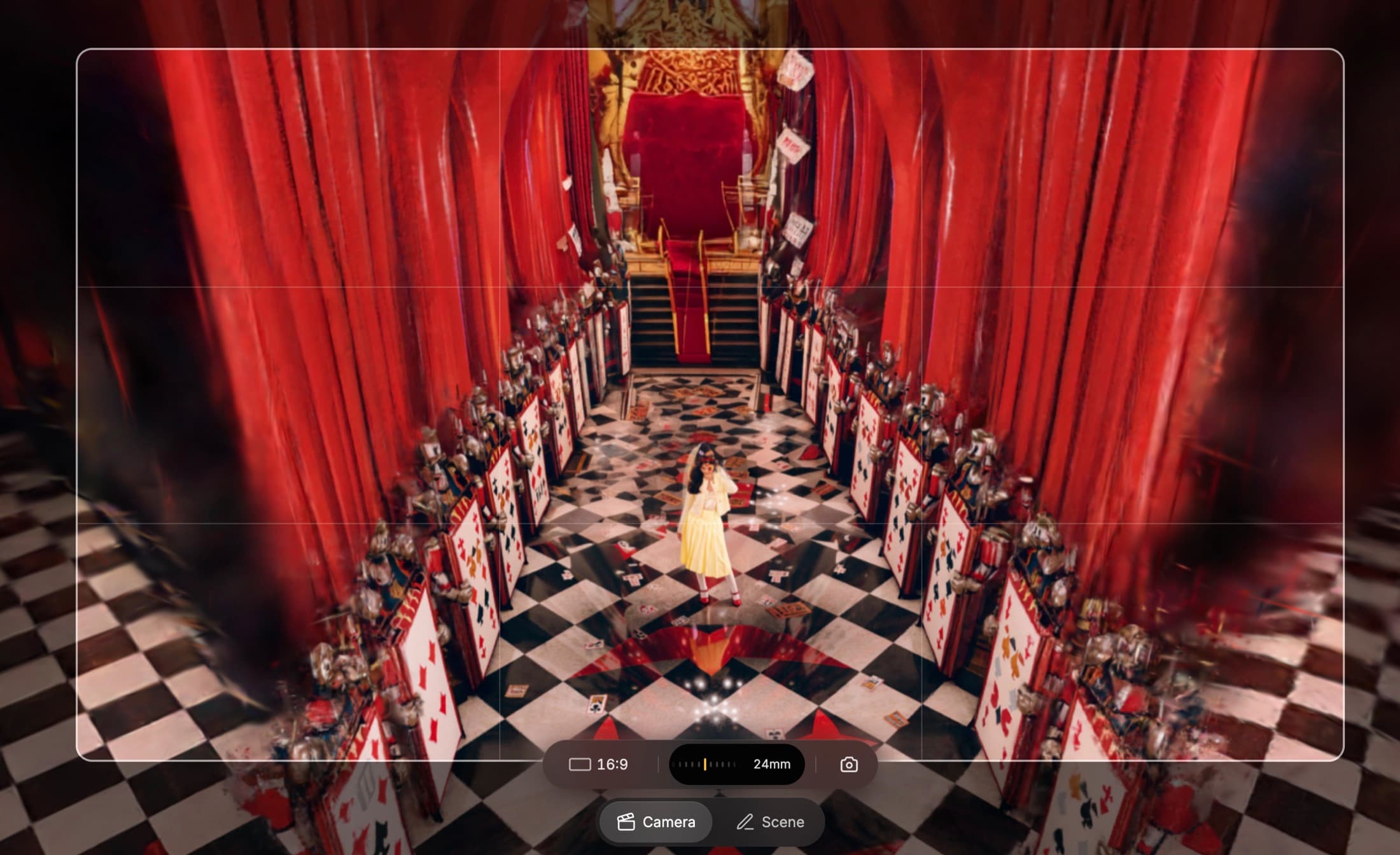 TapNow camera mode active. Queen of Hearts throne room shot framed at 16:9, 24mm focal length, Camera/Scene toggle visible.